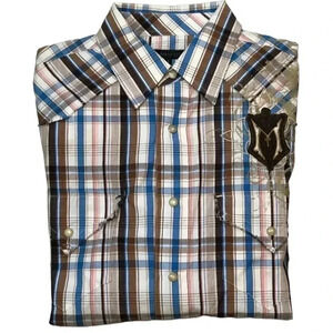 NWT Monarchy Brown Blue Plaid Men’s Long Sleeve Pearl Snap Front Shirt (M)